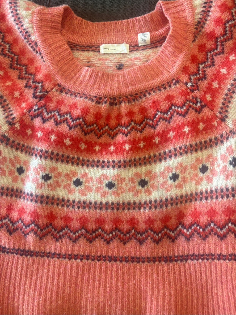 Sleeping on Snow Anthropologie Pink Red Fair Isle Wool Puff Sleeve Sweater Large
